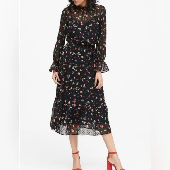 Banana Republic ClipDot Black Floral Chiffon Mock Neck Midi Dress Women's 2 - Picture 13 of 13